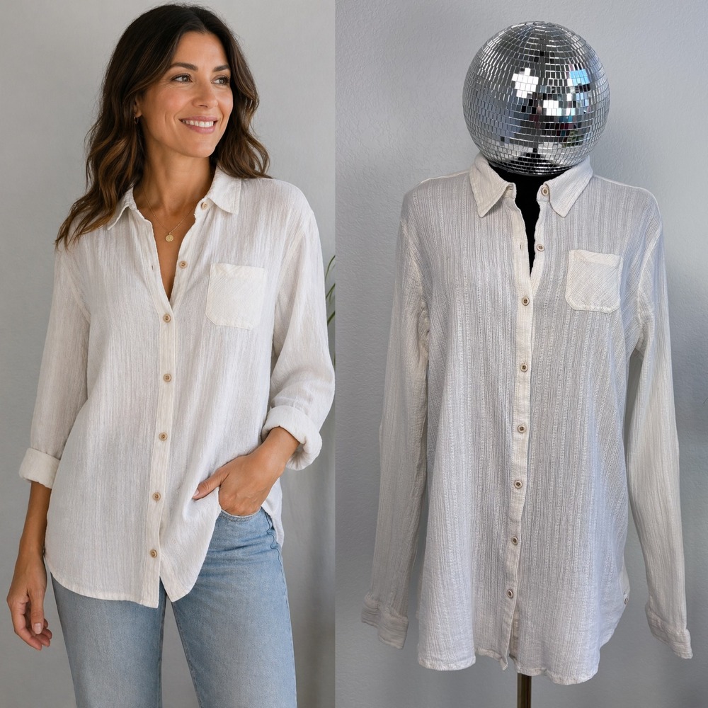 RuffHewn 100% Cotton Crinkle Gauze Button Down Shirt, Womens XL cream Top Boho